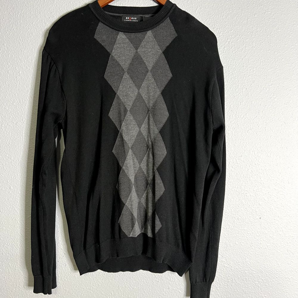 Axcess Mens Size Medium Black Argyle Black Crewneck Pullover Lightweight Sweater